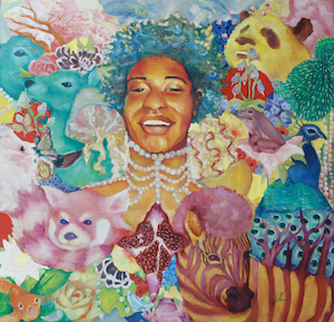 Self portrait painted with colored animals and images of their youth