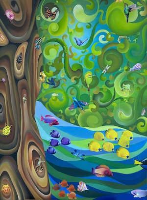 digital art piece of trees withe bug, water with fish and greenery with bugs and birds